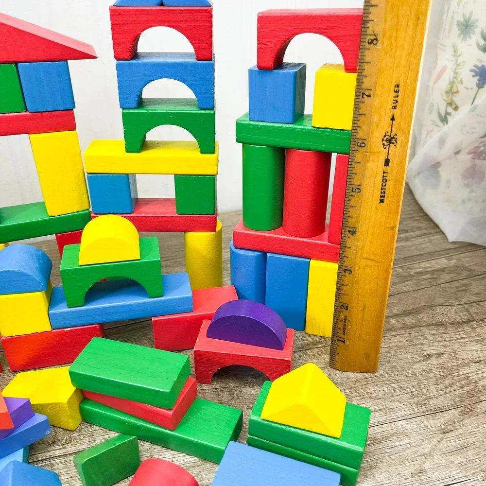 Wooden Building Blocks Farm Set Barn Animals Horse Sheep Goat 80+ Pieces Kids